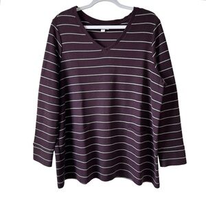 J.Jill Burgundy White Striped Cotton Blend Pockets Long Sleeve Sweater Size XL